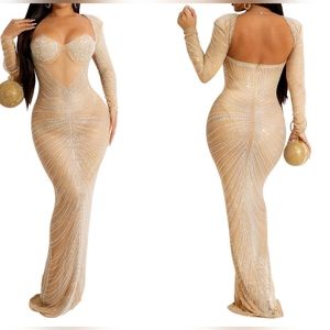 Fashion Sexy maxi Mesh Rhinestones details Dress New Size M,XL,XXL Available S.